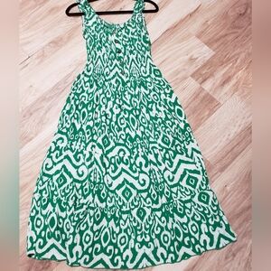 Green/white Ruffle Sleeveless Maxi Summer Dress Smoked Bodice Tiered Skirt XXL